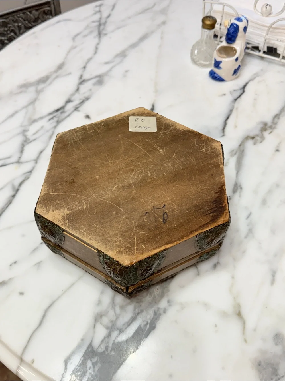 Antique Brass & Wood Ornate Hexagonal Decorative Trinket Box from Czech Republic